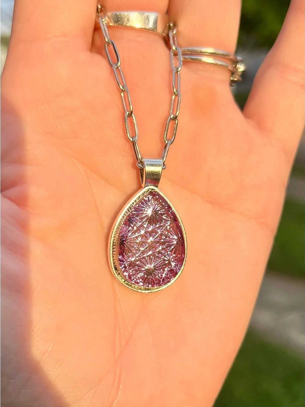 Pressed Glass Spider Web Kaleidoscope Purple teardrop pendant